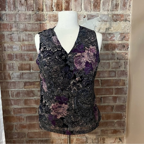 Y2K Purple Floral Paisley Sheer and Lace Sleeveless Top/Tank -Size M -TP17 - Picture 2 of 9